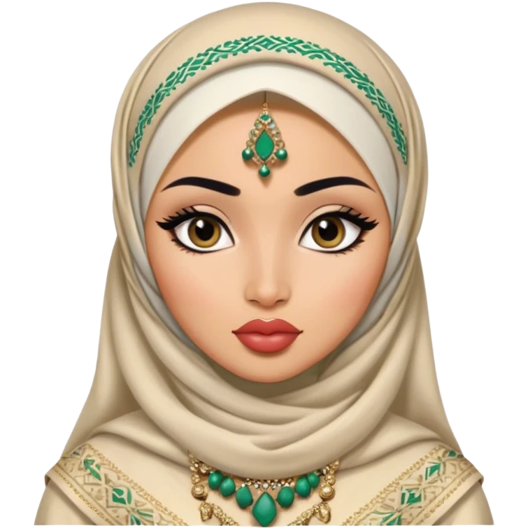 Central asian, pretty lips, nigerian clothes, medium skin, hijab, jewelry, pretty bratz baddie, black eyeliner emoji