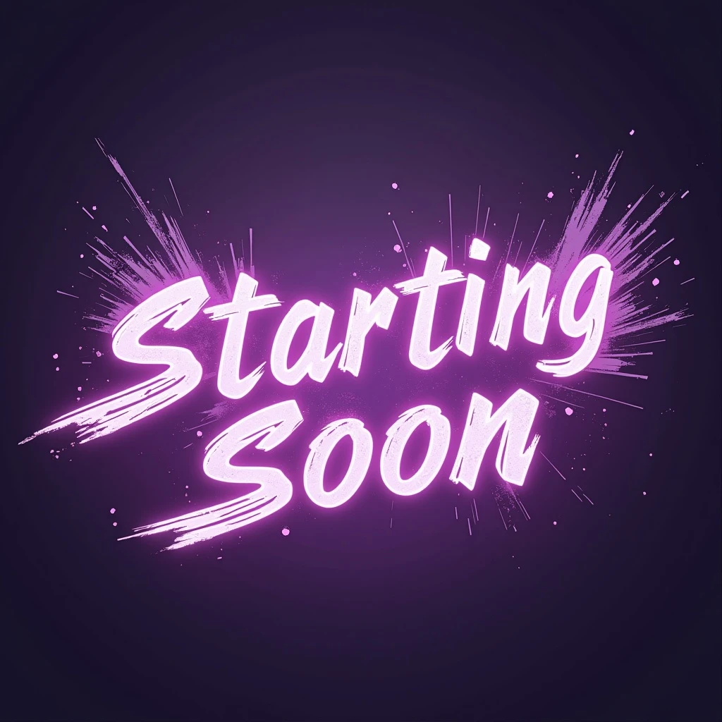 "stream starting soon" cyberpunk style text splash overlay lavender emoji