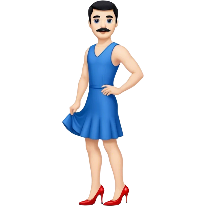 Man in a blue dress and red high heels with black hair and black mustache  emoji