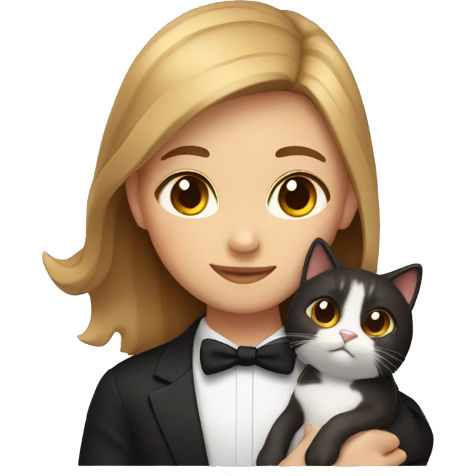 girl with light brown hair & brown eyes hugging tuxedo cat emoji emoji