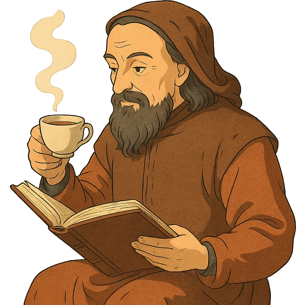 Chaucer reading a book and drinking tea, detailed, warm colors, ghibli style emoji