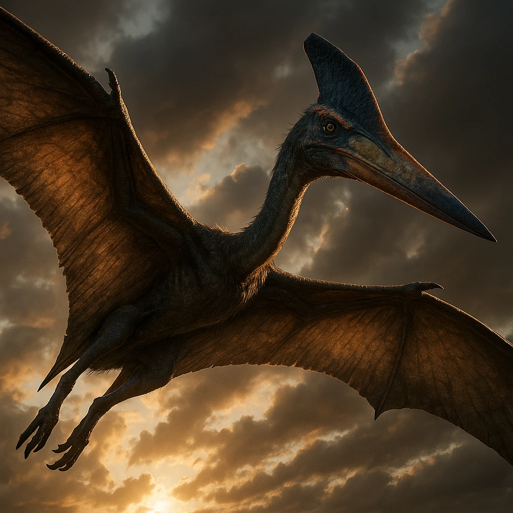 quetzalcoatlus dinosaur in the style of the Ark: Survival Evolved game, flying with wings spread, dramatic lighting, realistic textures emoji