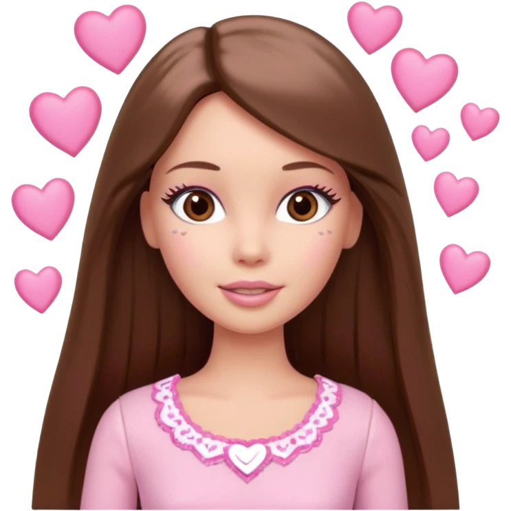 Barbie girl , brown long straight hair and brown eyes is In pale pink clothes There are pink hearts all around emoji