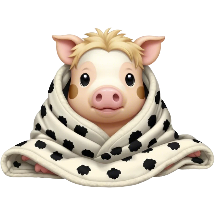 Black and white spots kunekune pig cozy in a blanket emoji