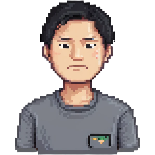 Asian man in a gray shirt with a frown emoji