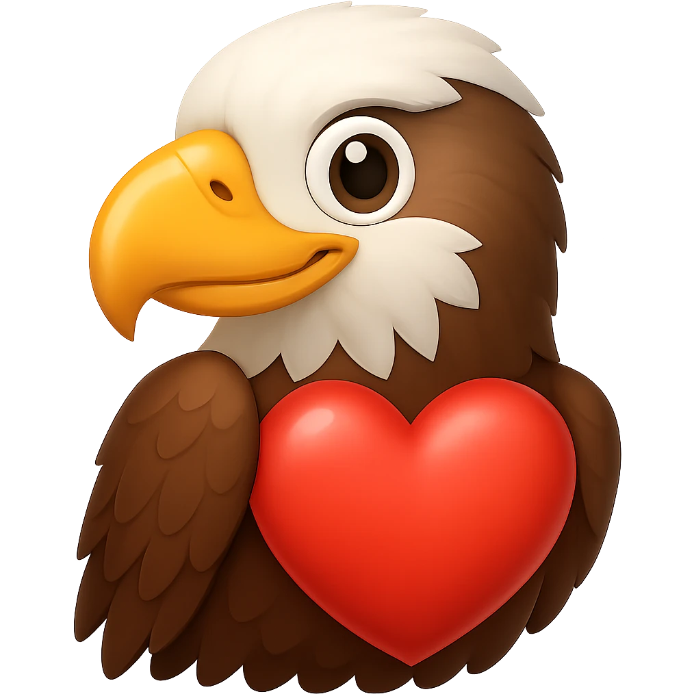 Make the eagle look friendlier while keeping the red heart, preserving the emoji style look. Remove the background. emoji