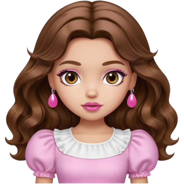 generate a pretty bratz girl with in a white puff sleeve top. Pink lipgloss. Brown wavy hair long.  emoji