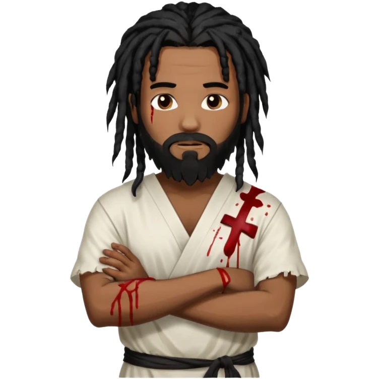 African American man with shoulder length black dreadlocks with black beard wearing a white tunic with blood on it with arms folded together emoji