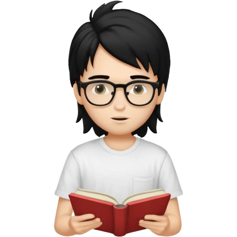 generate a pretty fair bratz boy with a long messy mullet (black hair), wearing a white tshirt. Reading a book. He has spectacles on.  emoji