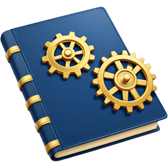 Un libro azul navy con detalles dorados, bordes metálicos y un gear dorado con una flecha ascendente como productividad en la portada, irradiando productividad, estrategia y éxito en movimiento emoji