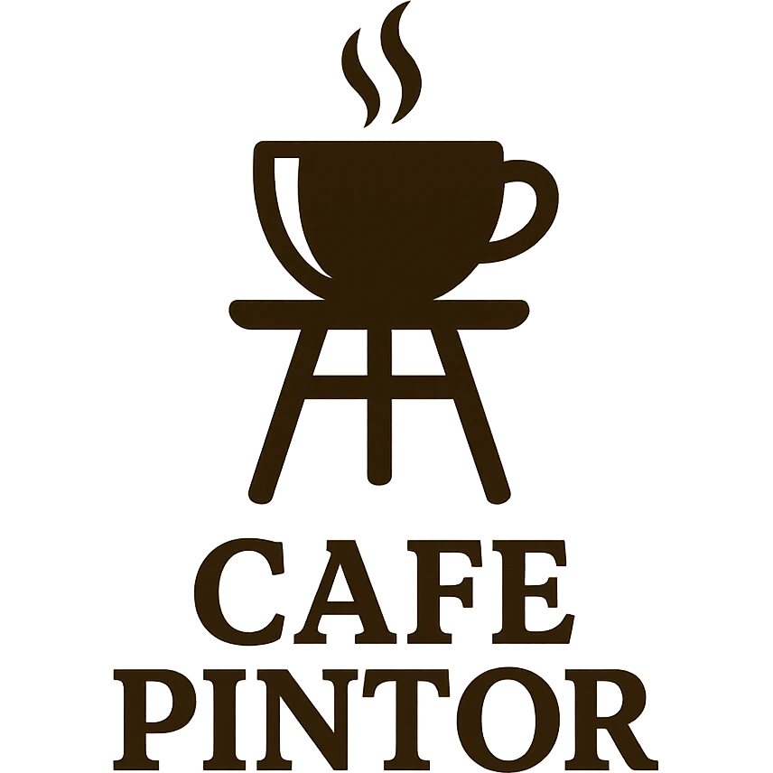 logo for 'CAFE PINTOR' combining a coffee cup and an artist's easel, stylish and welcoming emoji