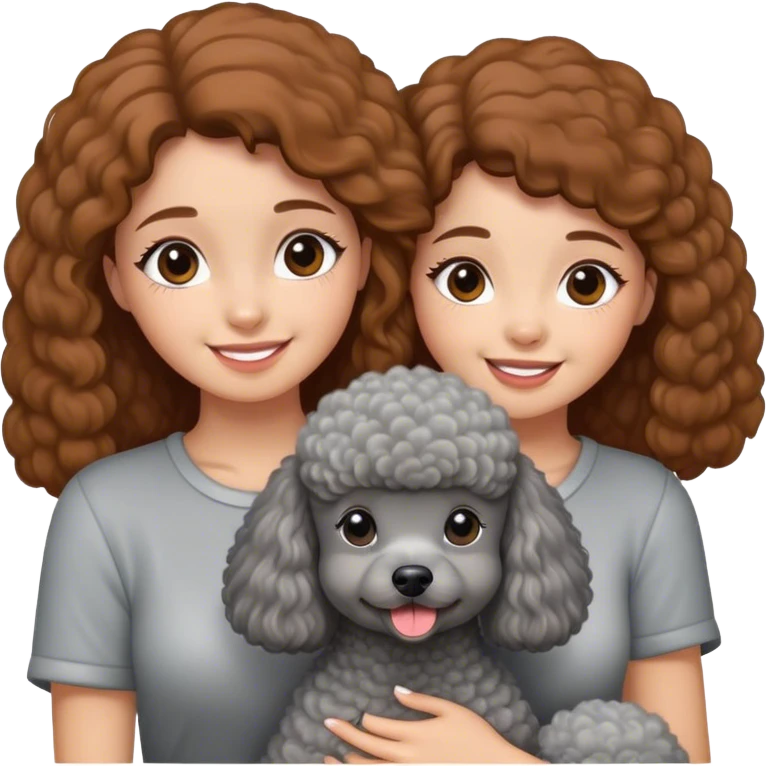 A girl with straight, caramel brown hair holding a grey poodle emoji