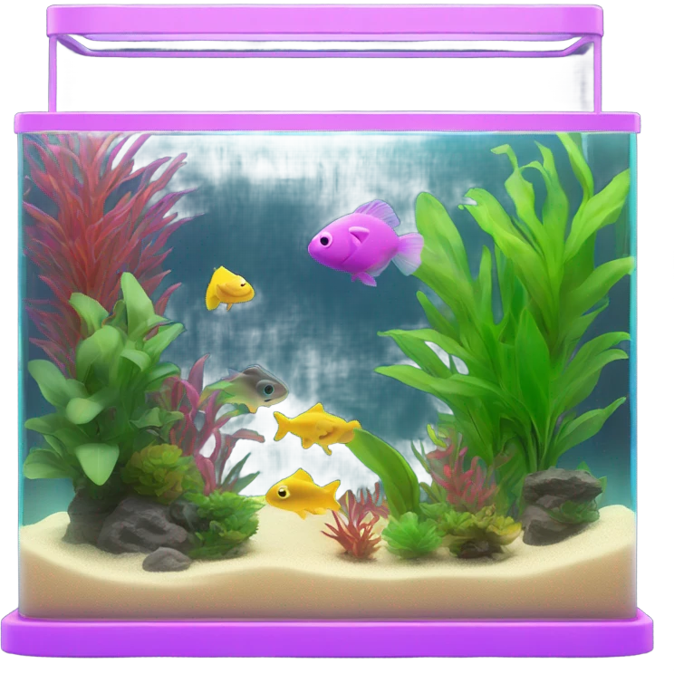 One Rectangular fish tank, beige lid and wedges with green plants inside  and  fish in different neon colors (pink, yellow, purple, green, blue) emoji