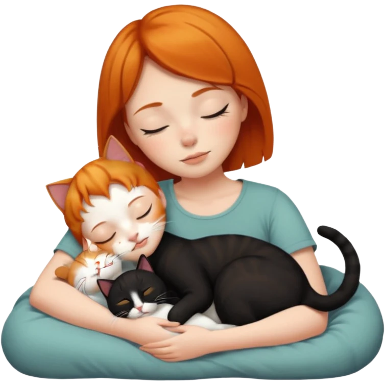 Ginger Girl short hair sleeping with two cats a black and a white bigger cat  emoji