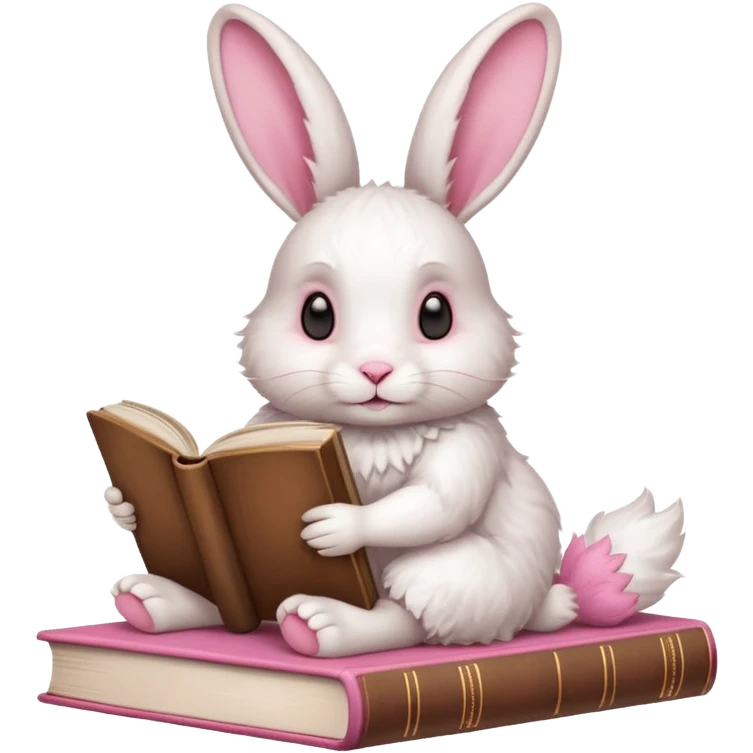 White rabbit sitting horizontally in a natural position on 4 legs, without a book.  There are 3 books nearby. books lie on top of each other  in brown tones

 emoji
