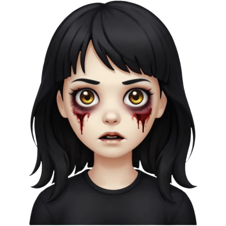 Zombie girl, with bangs above her eyebrows, her dark hair, thin eyebrows. Long hair and Wavy her clothes are black emoji