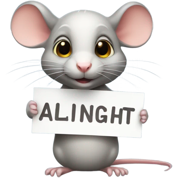 A cute rat holds a sign with the inscription "ALINGHT" emoji