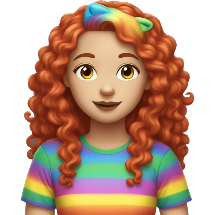 white girl with long red curly hair, wearing a rainbow cat shirt doing a pose emoji