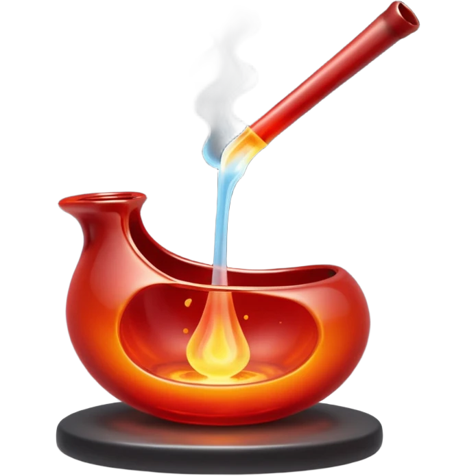 Glassblowing and casting icon, molten glass being shaped into a delicate object with a blowpipe, glowing red-hot glass being poured into a mold, unfinished glass sculpture, minimalistic style, clean lines, transparent background. emoji