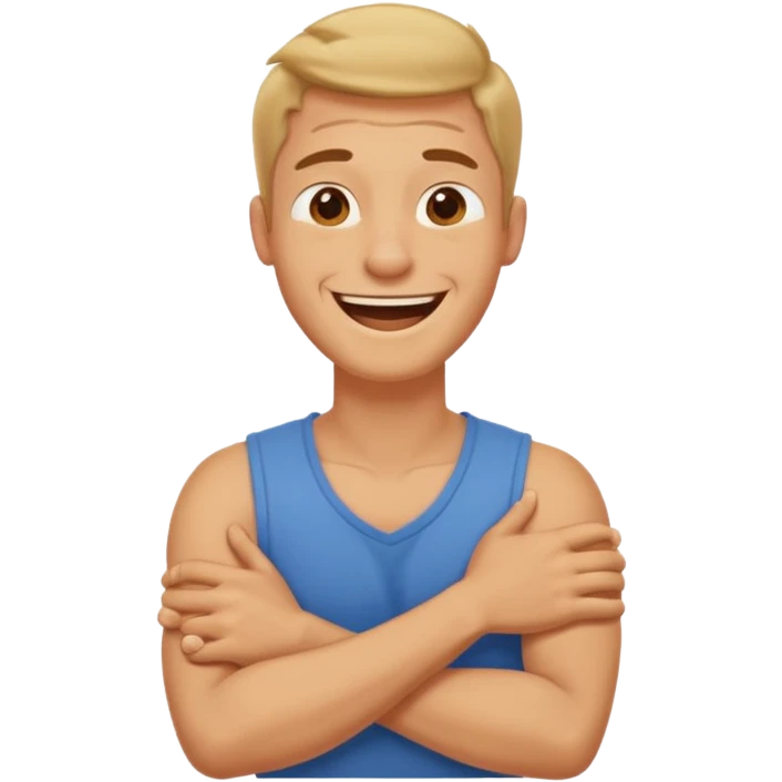 Arms crossed, holding neck, laughing guy ￼ emoji