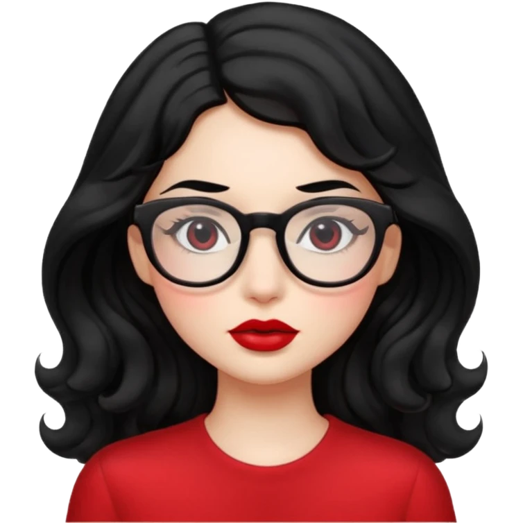 ילדה עם שער שחור ארוך וגלי אבל לא יותר מידי מתולתל, אישונים שחורים, משקפיים,שפתיים אדות ועסיסיות ,עם,לחיים עם סומק emoji