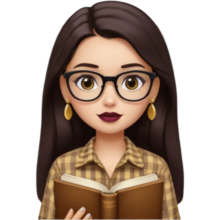 generate a pretty bratz girl with black small square spectacles, dark lipstick, gold stud earrings, a brown gingham shirt, books in hand, dark brown straight long hair, eyeliner on emoji