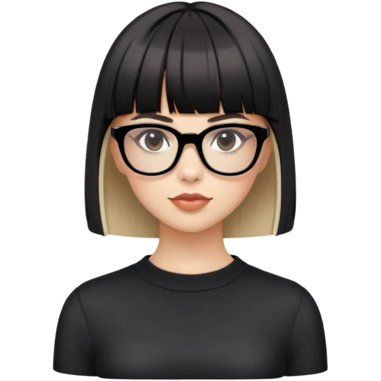 faça uma menina com cabelos lisos curto e franjinha com um oculos preto e roupas coquette emoji