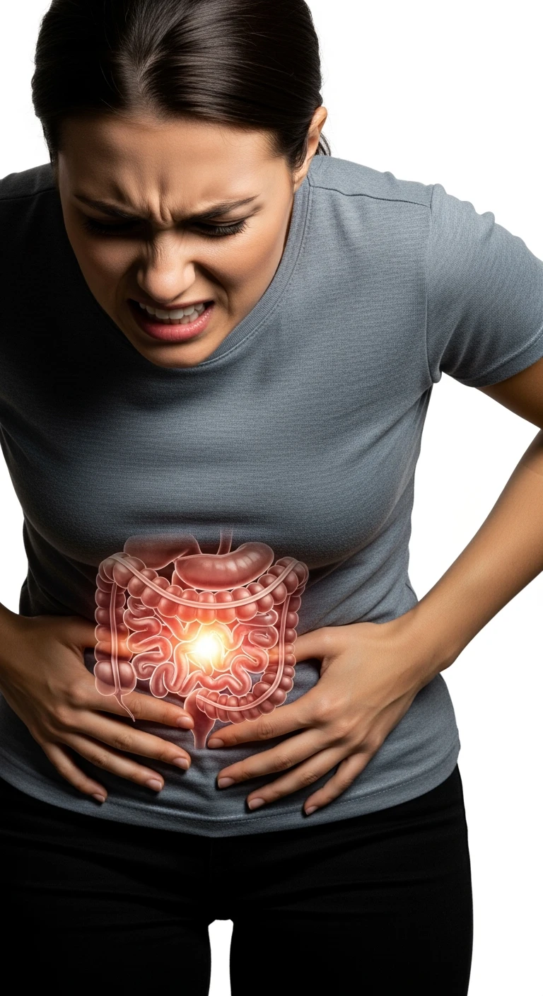 donna piegata in avanti frontalmente con mal di pancia, espressione di dolore in volto in primo piano e intestino anatomico in evidenza, iperrealistico 4k, sfondo bianco emoji
