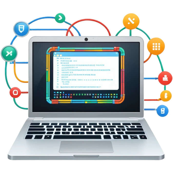An icon featuring a laptop screen with colorful lines of code, brackets, and a blinking cursor, symbolizing programming. The design includes flowcharts, gear icons, and binary code, representing software development and logical problem-solving. Transparent background highlights the world of coding. emoji