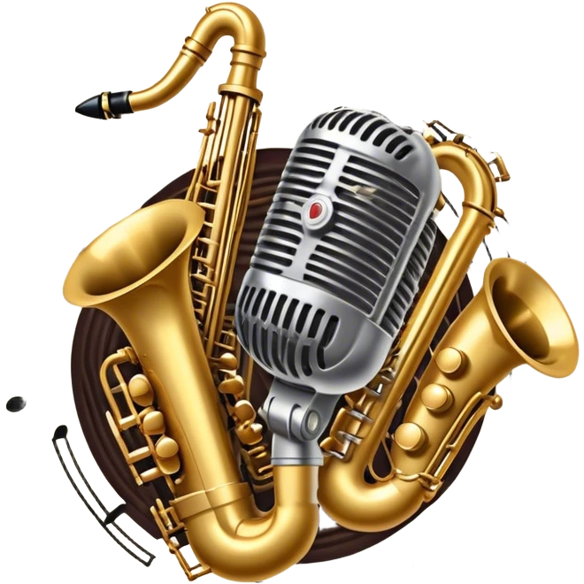 Create an artistic and dynamic emoji representing jazz vocal performance, featuring a vintage microphone as the central focus. Surround the microphone with traditional jazz instruments, such as a saxophone, trumpet, and upright bass, arranged in a harmonious, flowing design. Add musical notes and sound waves emanating from the microphone to symbolize the improvisational and expressive nature of jazz vocals. The instruments should have a polished, classic appearance with metallic gold and silver accents. Use rich colors like deep black, gold, and burgundy to evoke the sophisticated and soulful atmosphere of a jazz club. The background should be transparent. emoji