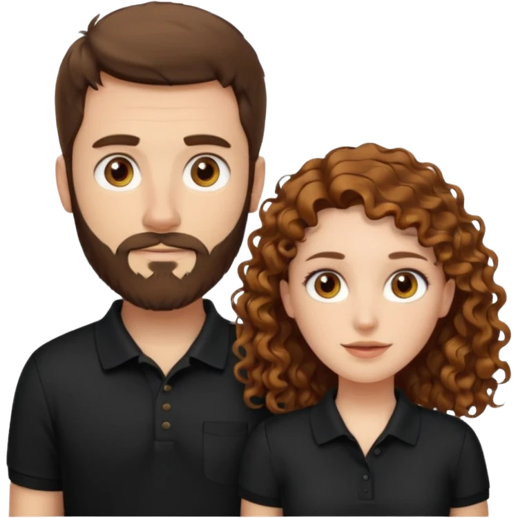 Criar Casal - Homem branco de cabelo liso e olhos marrom, com barba, camiseta polo preta e mulher de pele branca cabelo cacheado marrom longo e olhos mel emoji