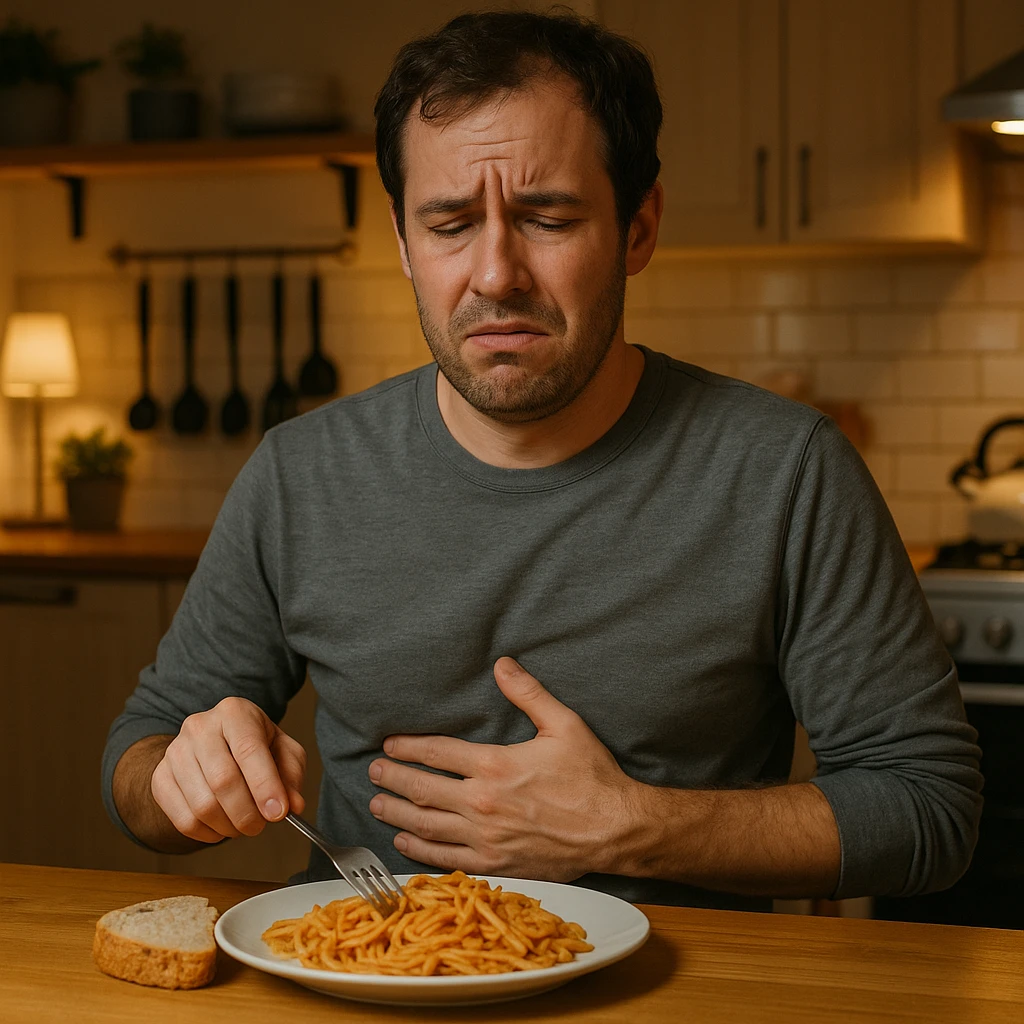 A man in his mid-30s sitting at a kitchen table with a plate of pasta and bread in front of him, looking uncomfortable and conflicted. His facial expression shows bloating, fatigue, and mild abdominal pain. One hand is on his stomach, the other hesitating to eat. emoji