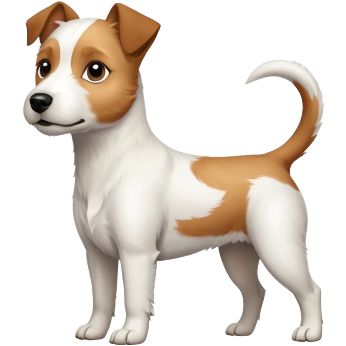 a full body slightly chubby white parson russell terrier looking dog the size of a kelpie with light brown long ears and a light brown patch on one eye and a large snout emoji