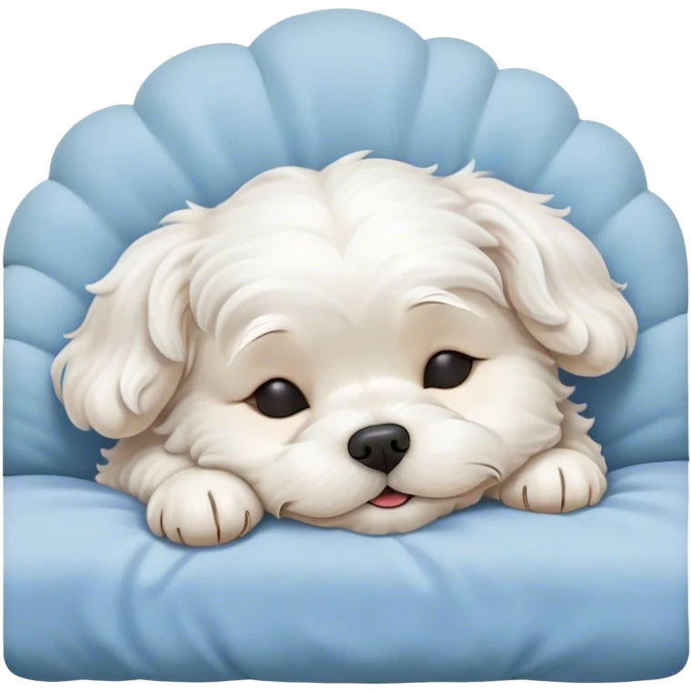 Cinematic Meme-Worthy cute Sleeping Wavy-Haired Maltese dog Portrait Emoji, Head resting peacefully with a contented smile, featuring a delightfully cute build and a luxuriously soft, wavy-haired white coat, eyes shut in a serene nap, Simplified yet hilariously adorable features, highly detailed, glowing with a soft, drowsy light, high shine, relaxed and utterly lovable, stylized with an air of playful laziness, bright and endearing, soft glowing outline, capturing the essence of a comically sleepy companion, so meme-worthy it feels like it could instantly become the next viral sensation of adorable slumber! emoji