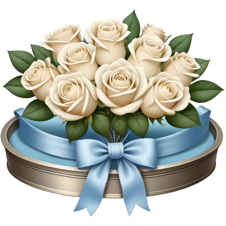 Set against a warm beige and pearl-colored lace backdrop, a bouquet of creamy white roses intertwined with pale blue blooms is wrapped in a soft champagne-colored velvet ribbon, forming a perfect bow. The bouquet rests on an antique silver tray, its delicate engravings catching the soft glow of candlelight. Hovering above, a trio of metallic pearl balloons in soft ivory and rose gold tones sway gently, their surfaces gleaming with a muted, vintage-inspired sheen. emoji