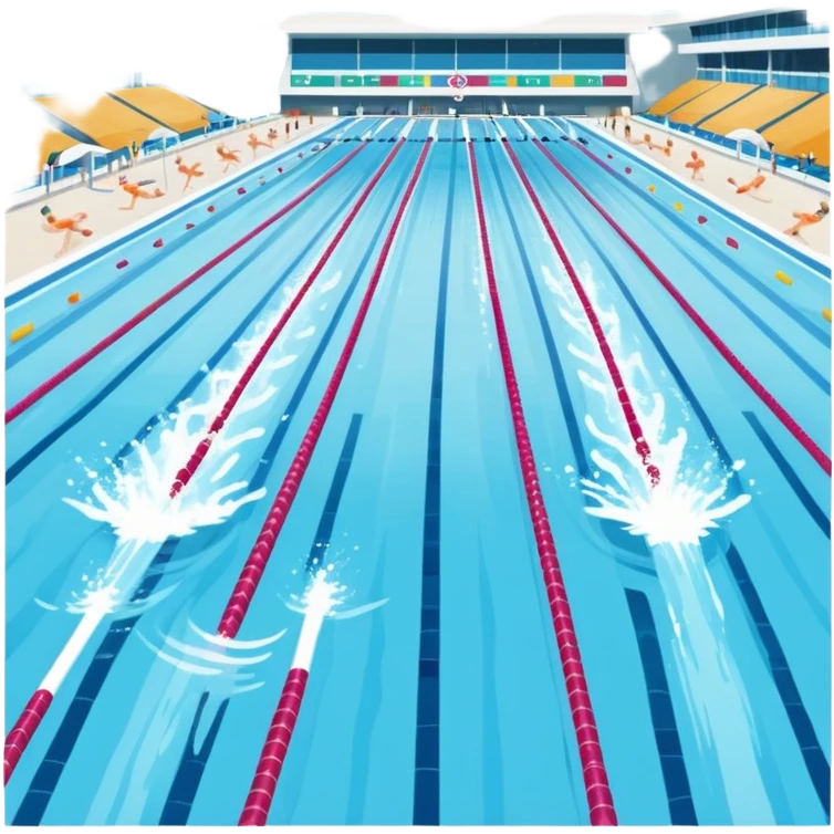 An icon featuring an Olympic swimming pool with multiple lanes and swimmers racing side by side. Splashes and lane dividers highlight the competition atmosphere. Transparent background emphasizes the energy, speed, and intensity of professional swimming events. emoji