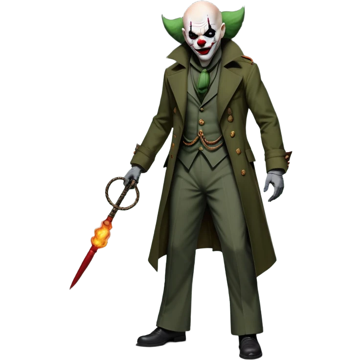 evil clown, bald, small black horns on forehead, fangs, pointed ears, eye patch over one eye, long coat over black and military green leisure suit with bellbottom pants, tail, holding an Indiana Jones-style whip, realistically proportioned, less bulky, full body, battle-ready, fighting posture emoji