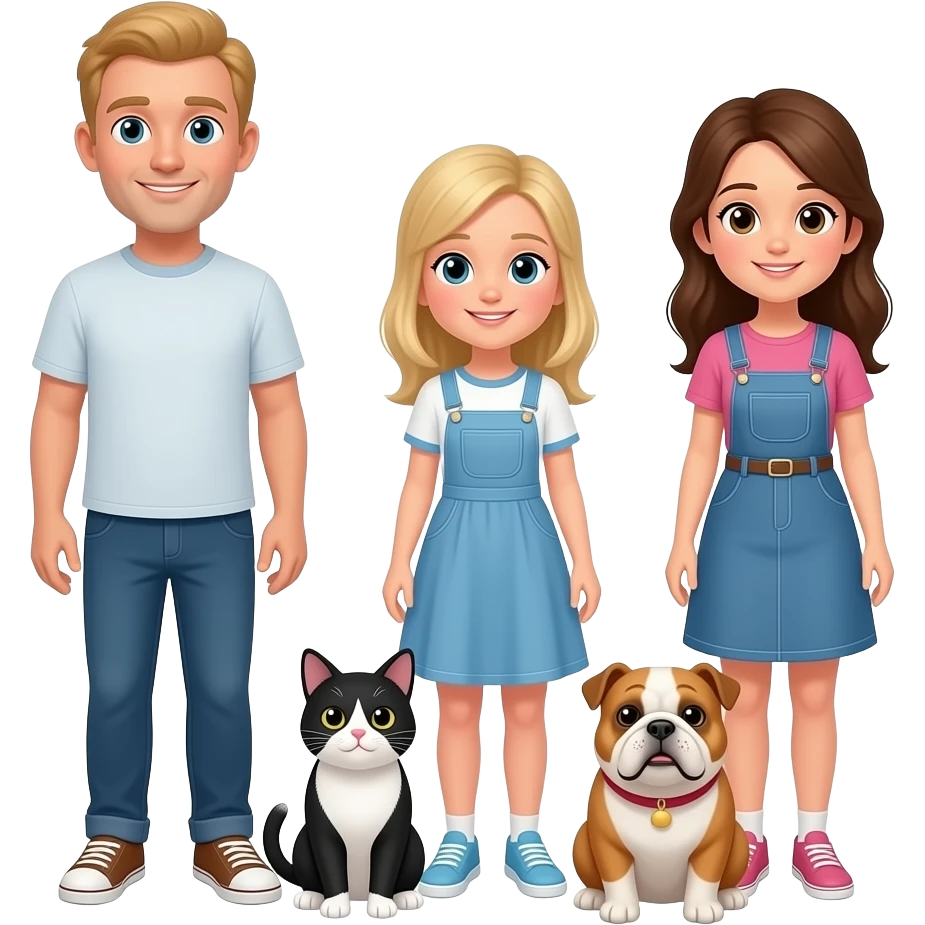 Een gezin: vader, zoon (blond, 13j), dochter (blond, 15j), dochter (bruin haar, 19j), kat (zwart en wit) & hond (old English bulldog, bruin met witte vacht) emoji