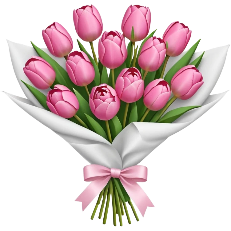 Bouquet of pink flower like tulips and rose and peony wrapped in white paper emoji