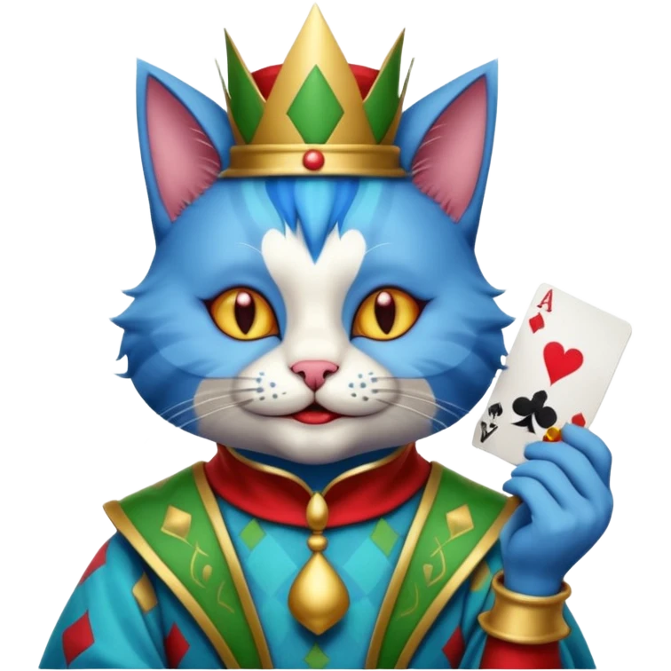 crazy colorful cute little cat jolly joker from poker, medieval, vintage, court jester, mac os icon, blue color, holds a single poker card emoji