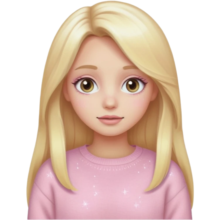 “Emoji girl, pastel pink blush, sparkly wide eyes,  oversized pastel sweater long blonde hair.” emoji