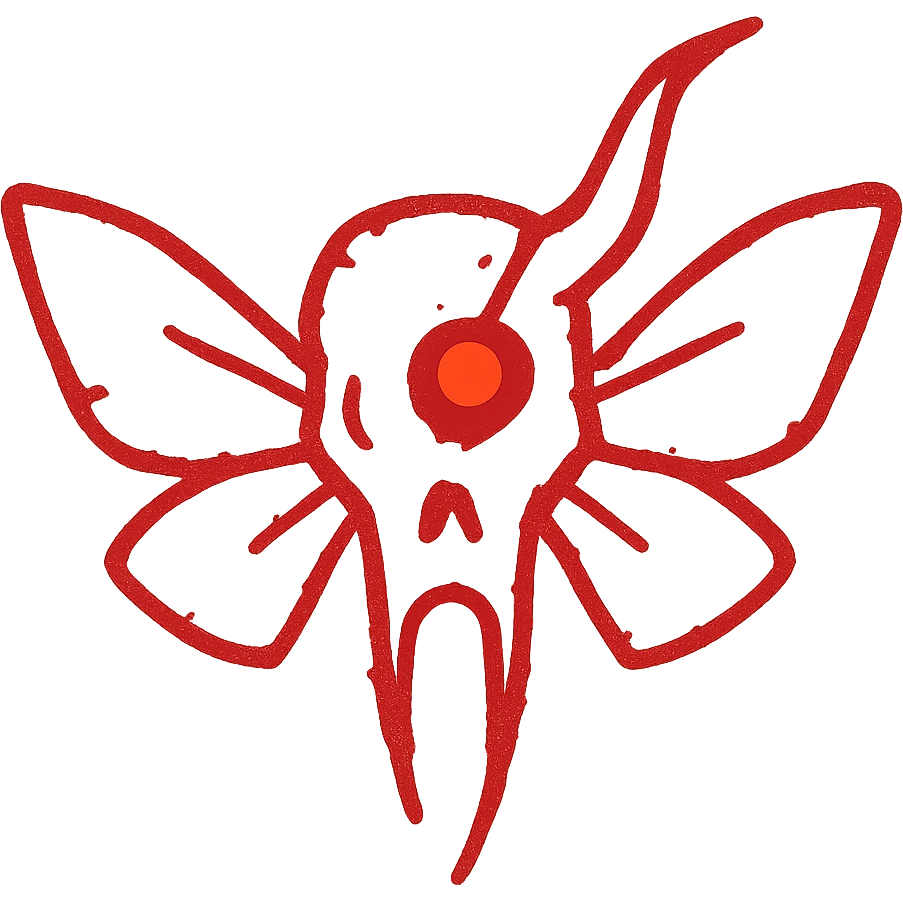 maximum horror: an extremely minimalist red line art of a single fused minotaur-stoat skull with broken horn and one glowing eye, with moth wings, completely hollow/transparent middle, severe deterioration around edges, 100% red color only, sparse horrifying thin lines, most of perimeter missing, like ancient blood sigil emoji