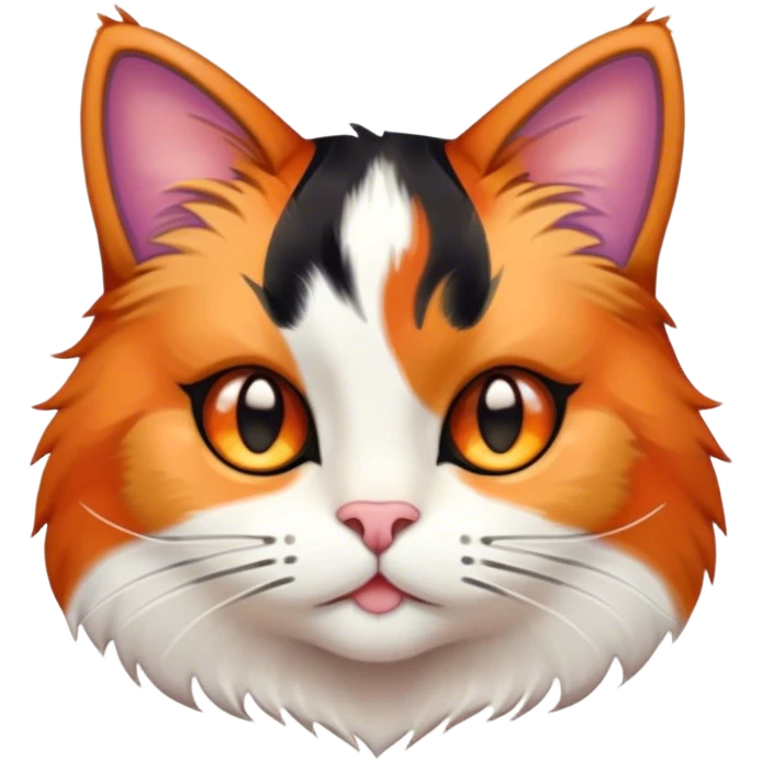 Cinematic Cute Calico Cat Portrait Emoji, Head tilted playfully with sparkling, inquisitive eyes and a charming patchwork fur of orange, black, and white, simplified yet irresistibly adorable, highly detailed, glowing with a warm, inviting glow, high shine, bubbly and affectionate, styled with a touch of whimsical feline charm, soft glowing outline, capturing the essence of a delightfully cute calico cat that looks as if it could prance off the screen into your heart! emoji
