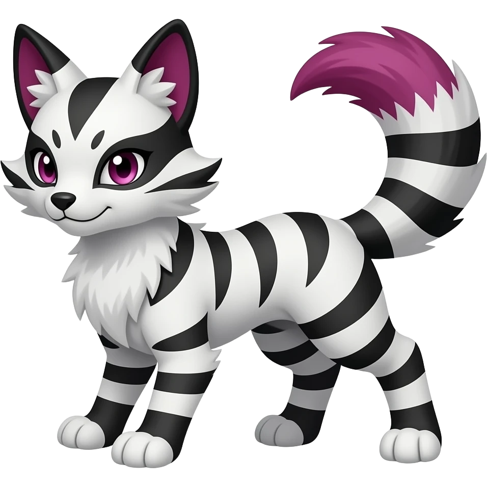 Black and white-striped Colorful Skilled Adept Graceful Asian Painted WereGarurumon-Meloetta-Obstagoon-Furret-fusion-hybrid-creature (full body) with a magenta accent, tufted lynx ears emoji