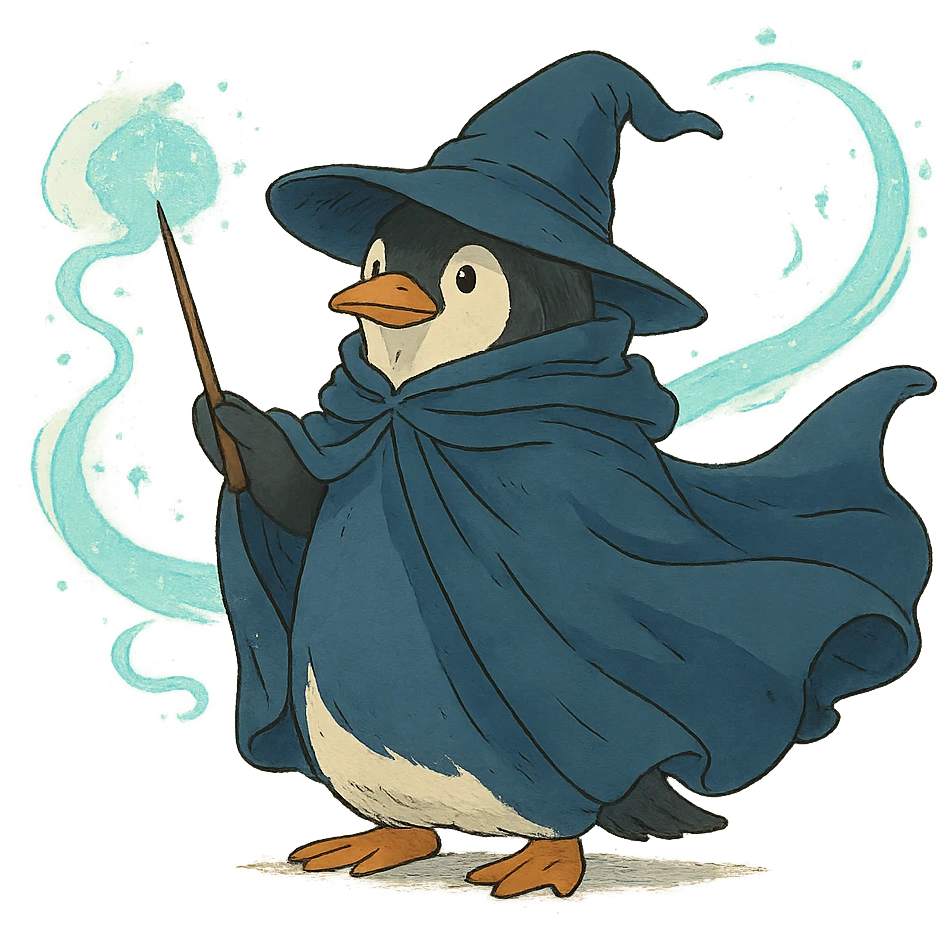 ghibli style penguin wizard with a flowing cloak and magical aura emoji