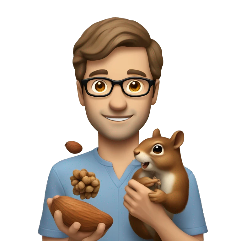 A man with brown hair, glasses and fair skin, feeds a squirrel with nuts emoji