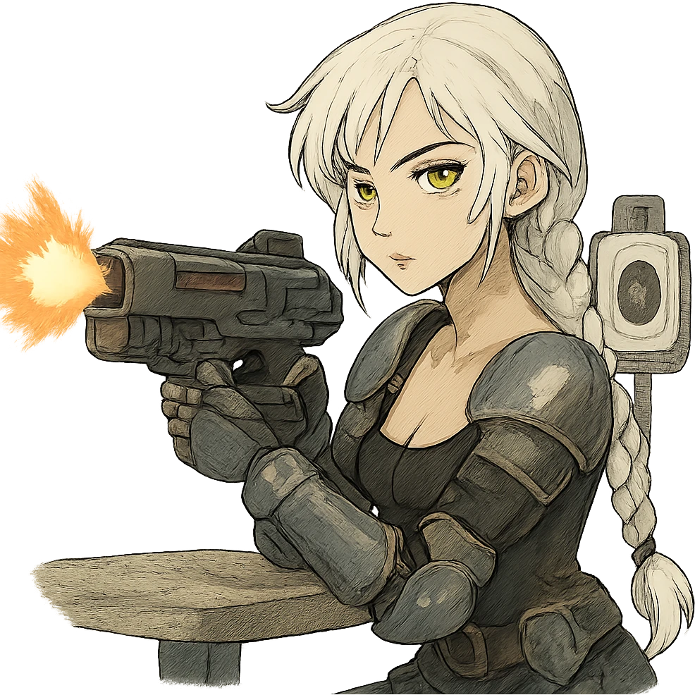  she iswearing armor, doing live-fire exercises at a safe and sanctioned training firing range with a maximum power blaster, a closeup portrait of young woman with gold yellow eyes, white hair, long braid, black off-shoulder top d-cup, punk gothic style, futuristic cyberwave cyberpunk, sitting position
 emoji