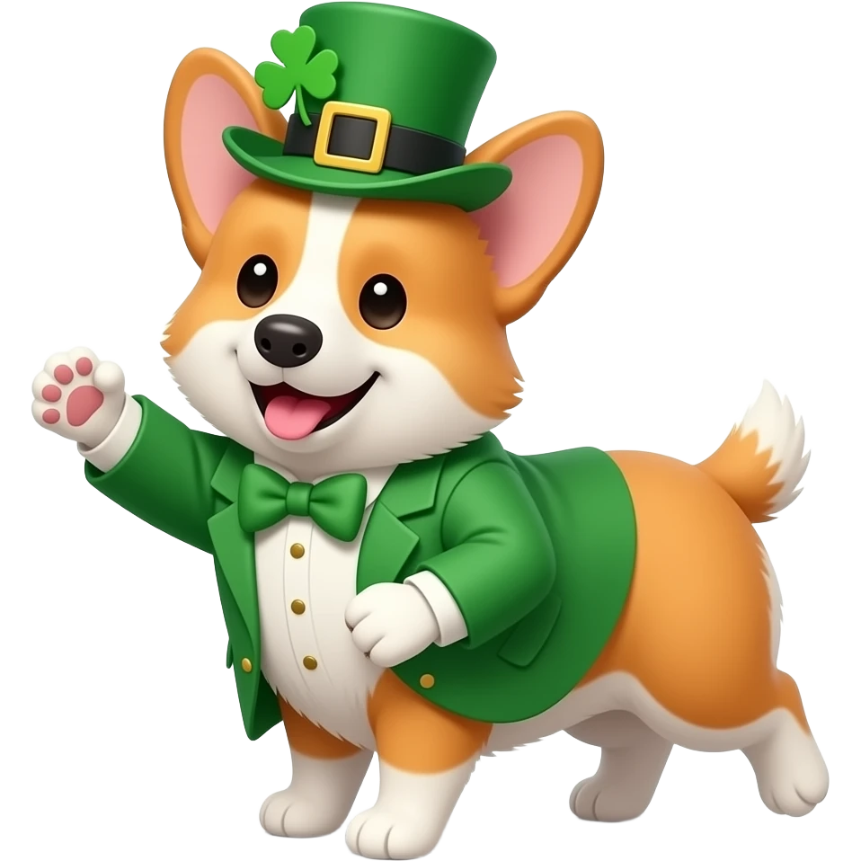 Dancing corgi leprechaun saying happy St. Patrick's Day emoji
