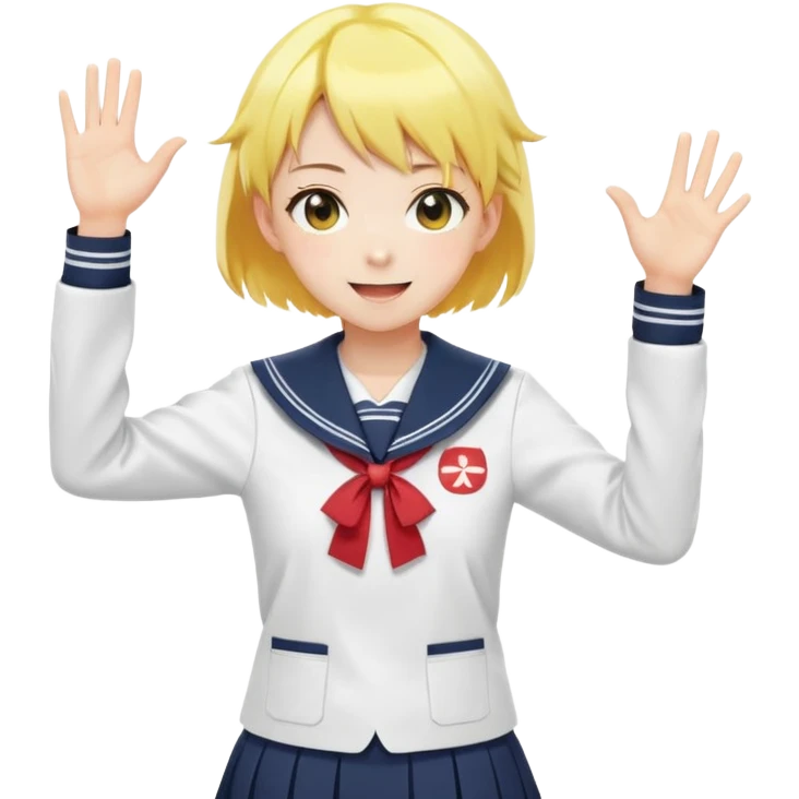 Anime girl with short bright yellow hair wearing Japanese sailor style school uniform, composed posture with hand on hip but energetically waving with other hand, excited smile and happy eyes emoji