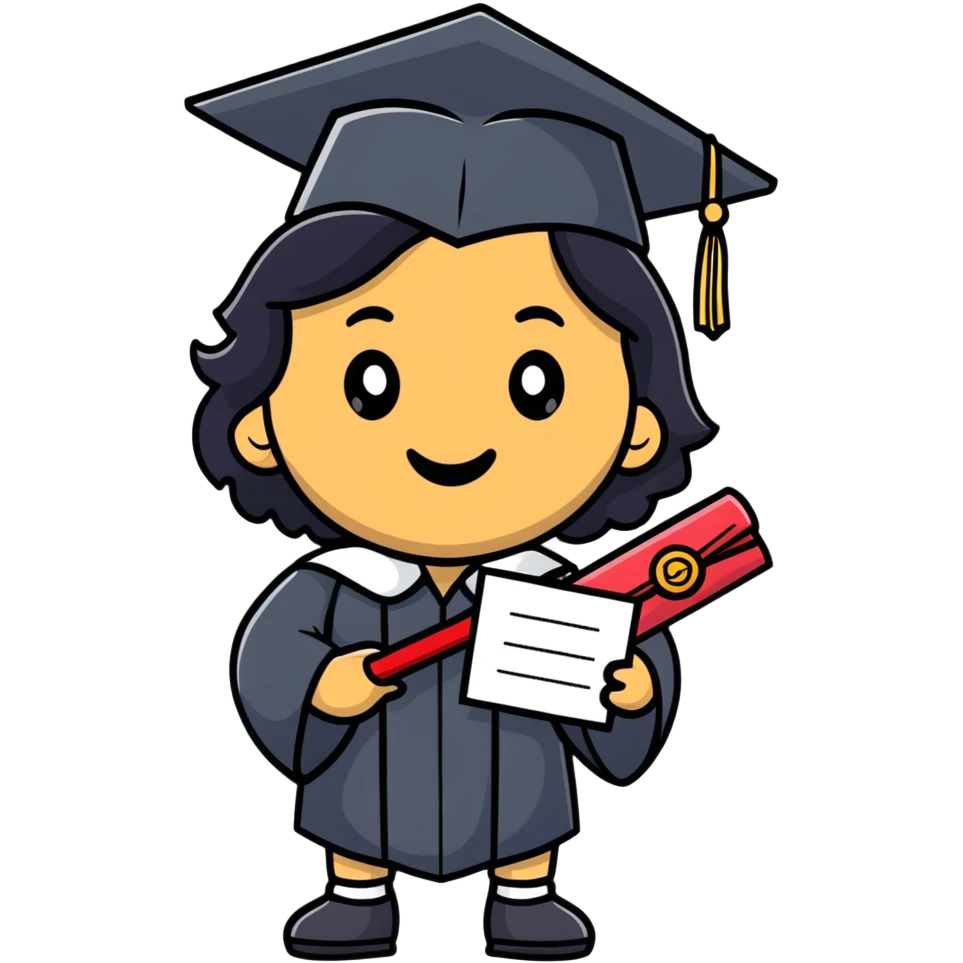 happy olive-skinned graduate with long wavy black hair wearing graduation cap and holding diploma emoji